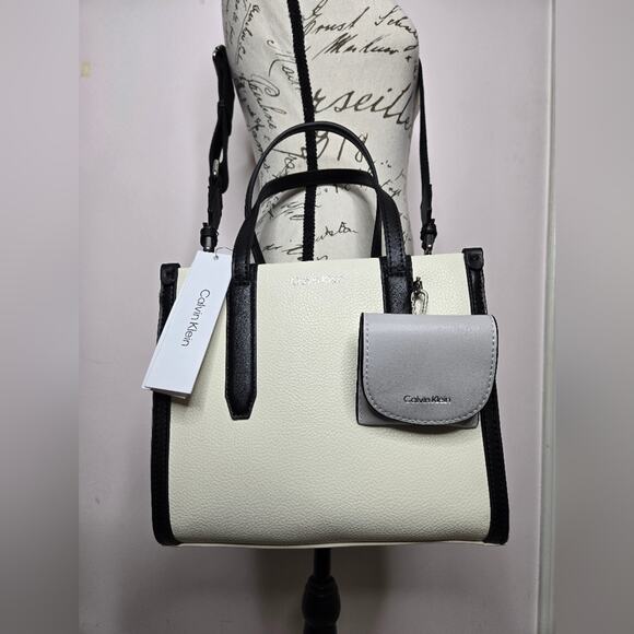 NWT CALVIN KLEIN Womens Off White Grey and Black Handbag with Crossbody Strap - Picture 1 of 14